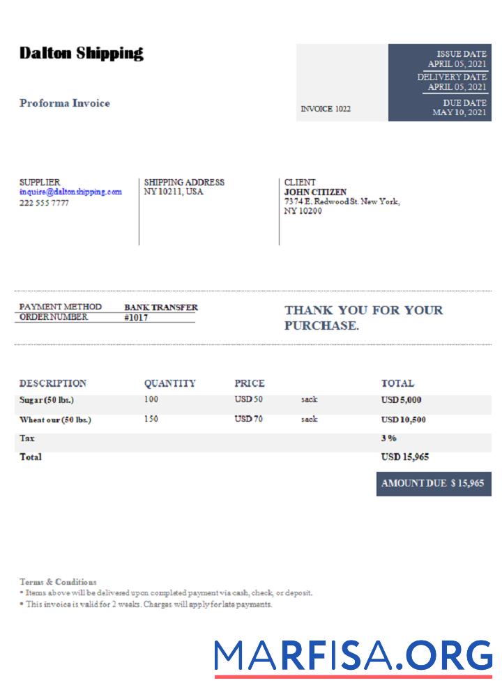 Printable USA Dalton Shipping invoice example